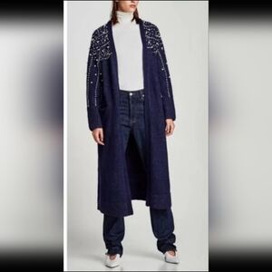 Zara Blue Knit Pearl long cardigan duster SZ M
